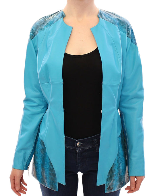 Exquisite Blue Leather Jacket with Snake Print Detail