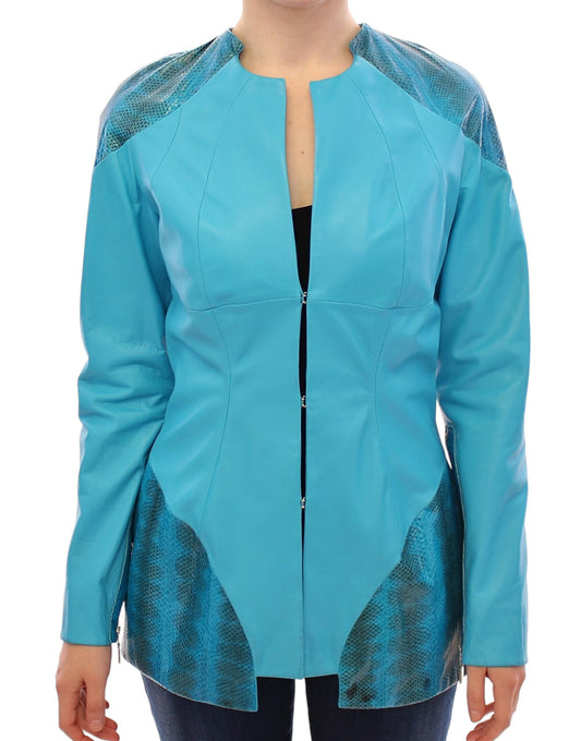 Exquisite Blue Leather Jacket with Snake Print Detail