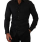 Elegant Slim Fit Black Cotton Silk Dress Shirt