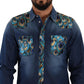 Peacock Print Cotton Denim Button-Down Shirt