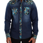 Peacock Print Cotton Denim Button-Down Shirt