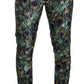 Peacock Feather Print Silk Skinny Pants