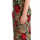 Elegant Leopard Print Sheath Dress with Red Roses