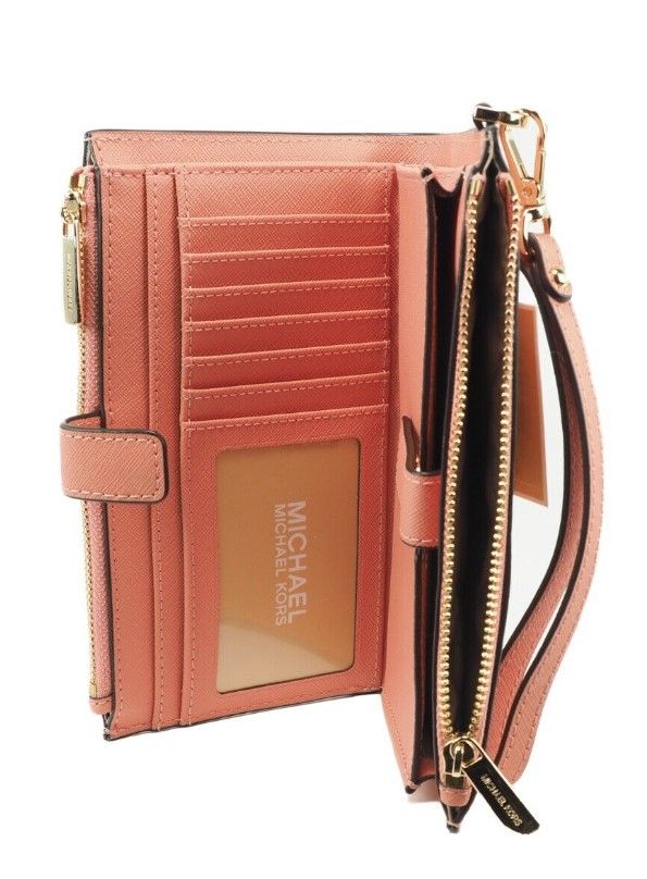 Jet Set Travel Signature Leather Large Double Zip Wristlet Wallet Sherbert