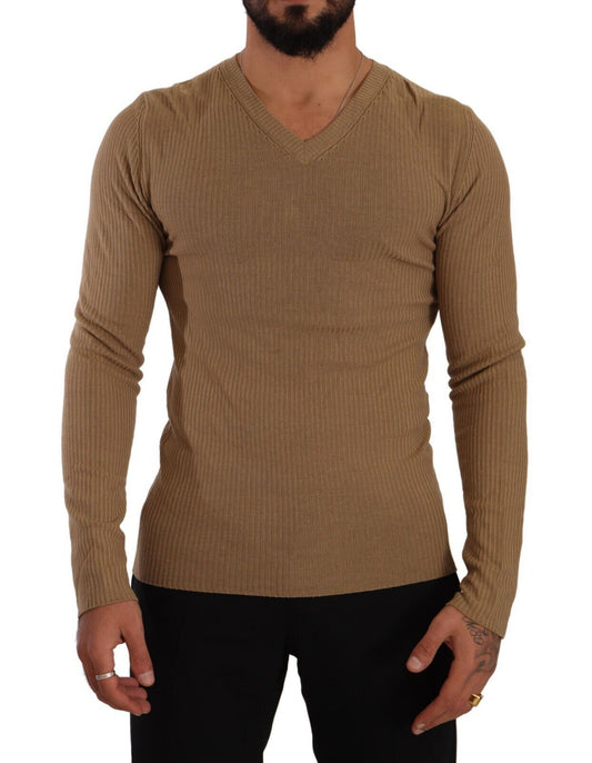Classic V-Neck Wool Sweater in Brown