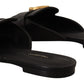 Elegant Black Leather Flat Sandals with Gold Detail