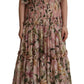 Elegant Pink Floral Ruched Silk Long Dress