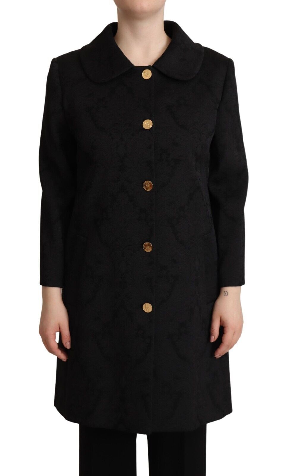 Elegant Black Brocade Long Trench Coat