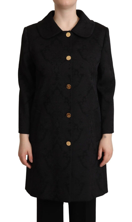 Elegant Black Brocade Long Trench Coat