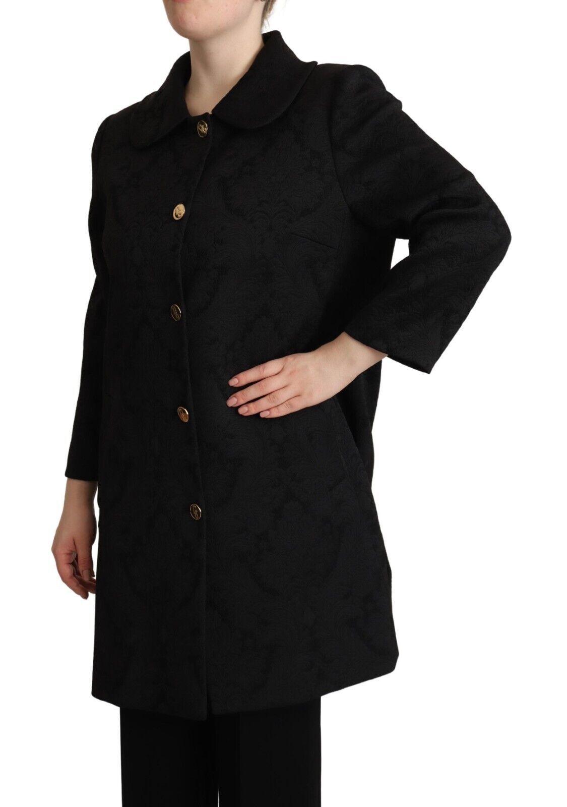 Elegant Black Brocade Long Trench Coat
