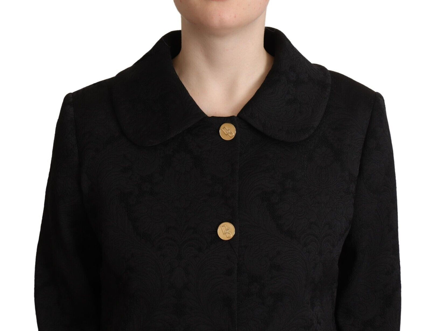 Elegant Black Brocade Long Trench Coat