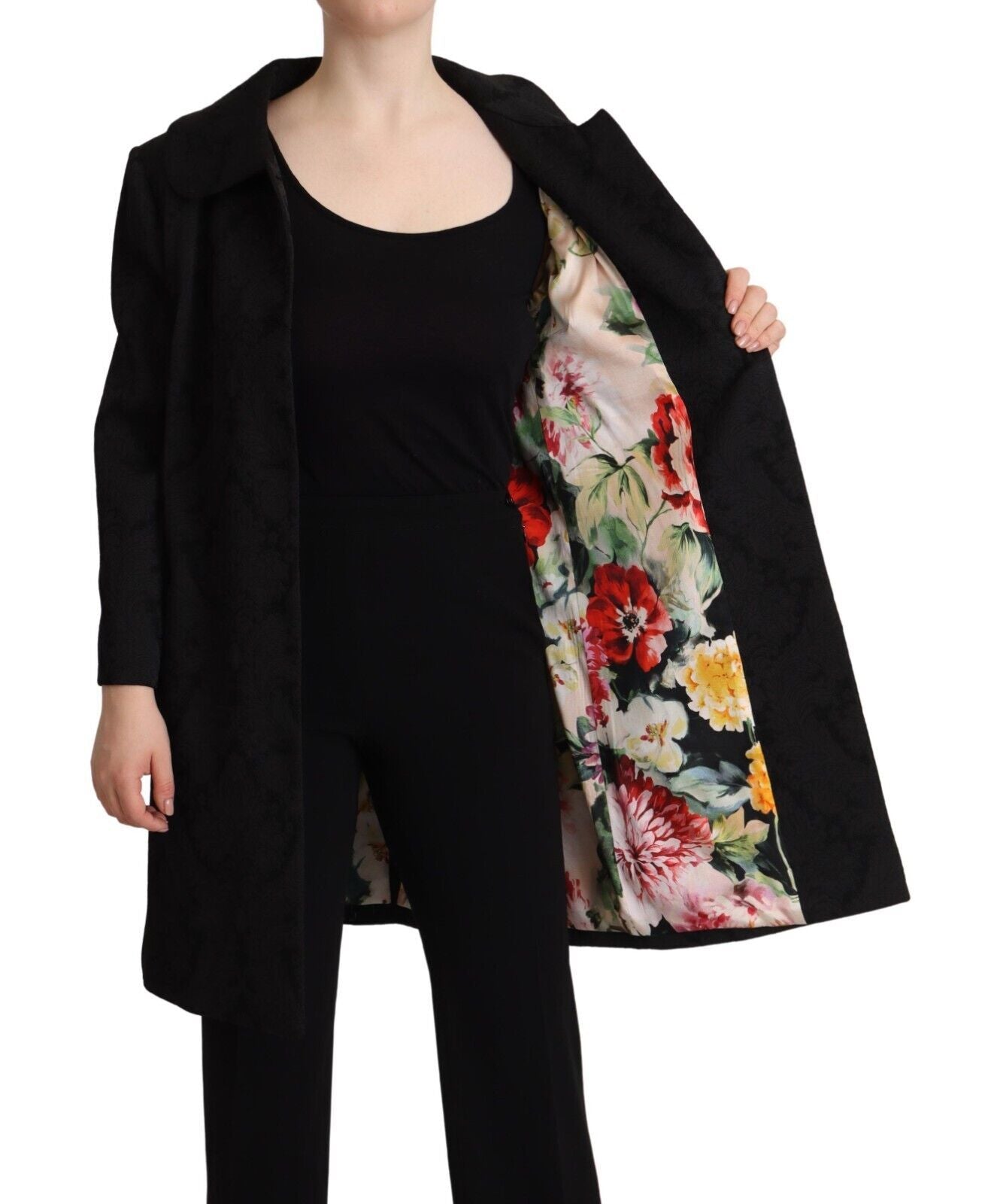 Elegant Black Brocade Long Trench Coat
