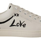 Elegant White Love Motif Leather Sneakers