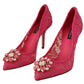 Crystal-Embellished Lace Heels in Pink