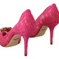 Crystal-Embellished Lace Heels in Pink