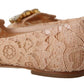 Elegant Beige Lace Ballet Flats with Crystal Buckle