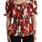 Red Anemone Print Elastic Waist Blouse Top