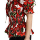Red Anemone Print Elastic Waist Blouse Top