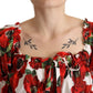 Red Anemone Print Elastic Waist Blouse Top