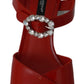 Red Leather Crystal Heels Sandals