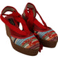 Multicolor Raffia Wedge Heels Sandals