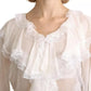 White Lace Vneck 3/4 Sleeve Blouse Silk Top