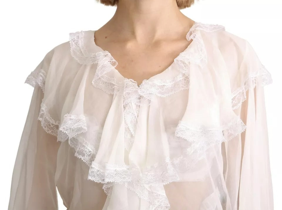 White Lace Vneck 3/4 Sleeve Blouse Silk Top