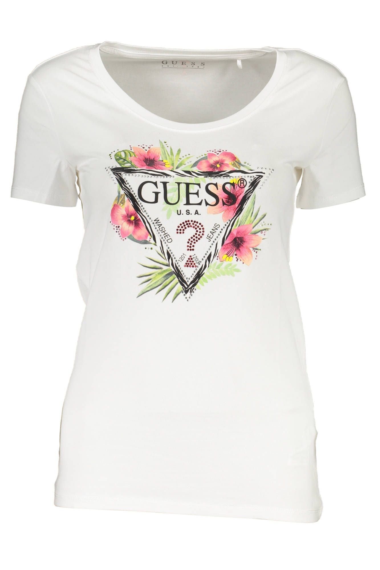 Chic Guess White Cotton Tee with Stylish Print