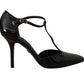 Elegant Black Leather T-Strap Heels Sandals