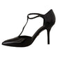 Elegant Black Leather T-Strap Heels Sandals