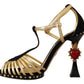 Elegant T-Strap Heels Sandals in Gold and Black