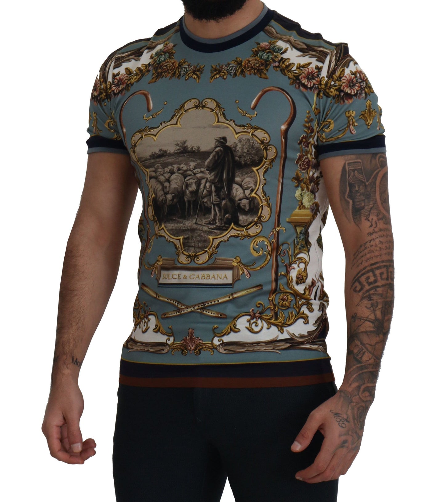 Chic Blue Baroque Motif Cotton Tee