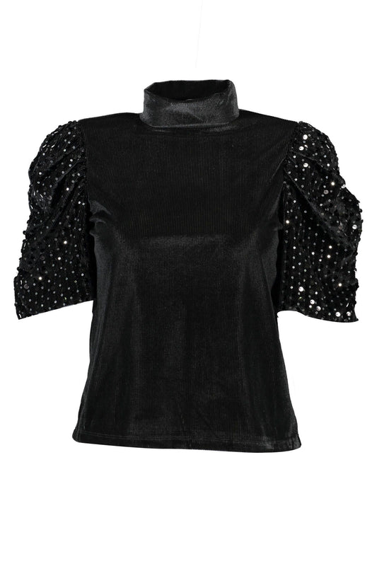 Chic Puff Sleeve High Collar Tee in Black