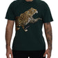 Elegant Green Leopard Motif Cotton T-Shirt