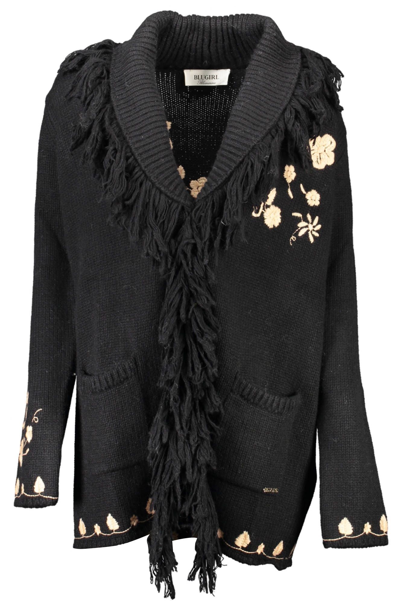 Elegant Black Wool Cardigan with Embroidery