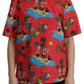 Red Multicolor Beach Motif Cotton T-Shirt