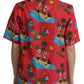 Red Multicolor Beach Motif Cotton T-Shirt