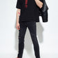 Elegant Black Cotton Tee with Red Contrast Design