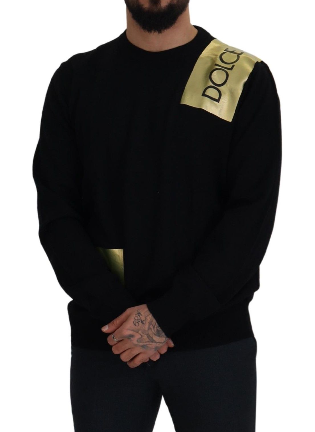 Elegant Gold-Embroidered Black Wool Sweater