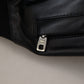 Sleek Black Leather Hooded Bomber Jacket