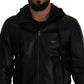 Sleek Black Leather Hooded Bomber Jacket