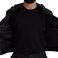 Sleek Black Leather Hooded Bomber Jacket