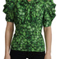 Elegant Green Silk Puff Sleeve Blouse