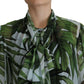 Elegant Silk Leaf Print Ascot Blouse