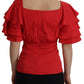 Elegant Red Silk V-Neck Ruffle Blouse