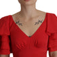Elegant Red Silk V-Neck Ruffle Blouse