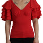 Elegant Red Silk V-Neck Ruffle Blouse
