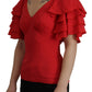 Elegant Red Silk V-Neck Ruffle Blouse