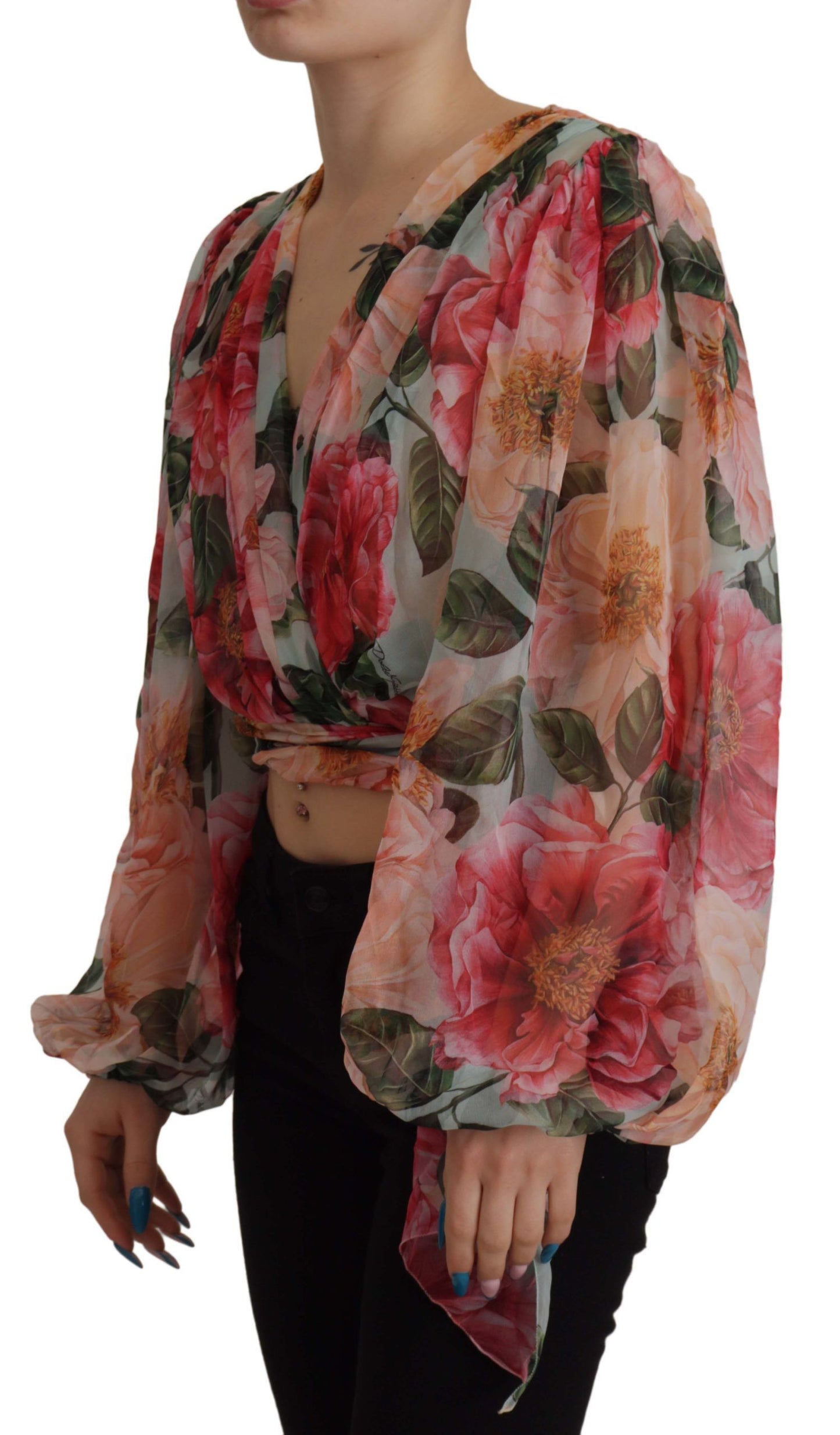 Multicolor Floral Silk Wrap Blouse Top
