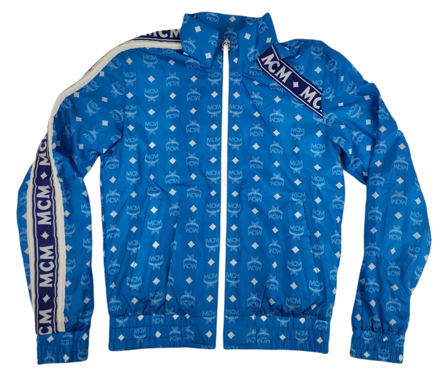 Women's Blue Nylon Bomber Jacket White Logo Print